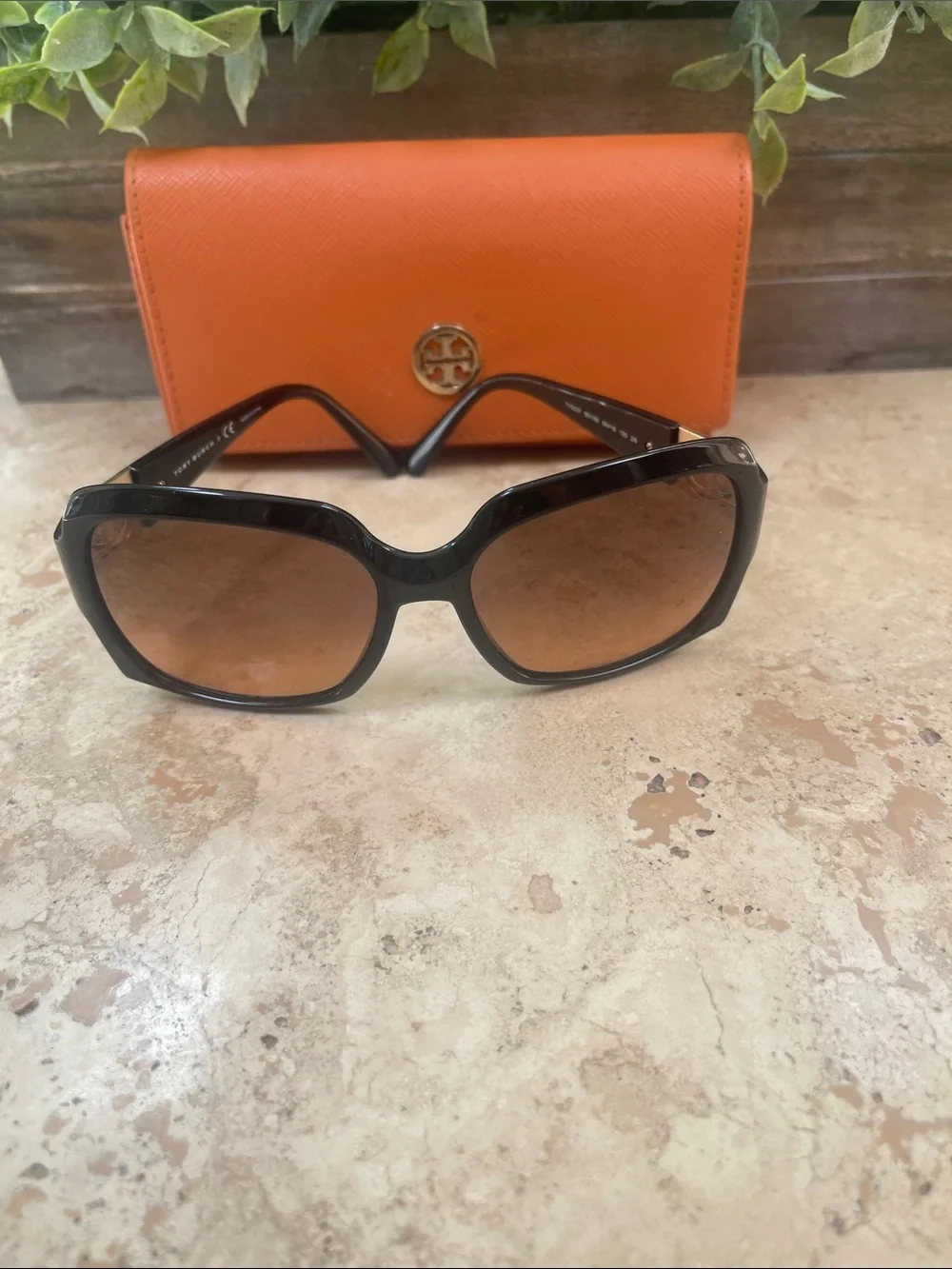 Tory Burch Black Oversized Sunglasses with Orange Logo Case